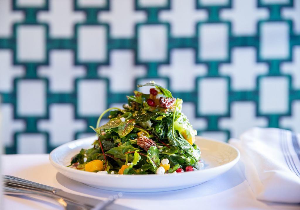 Squash and Goat Cheese Salad · Mixed greens, candied pecans, pomegranate, and maple vinaigrette.