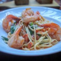 Shrimp and Linguine · White wine, garlic, tomato, spinach and fresh oregano.