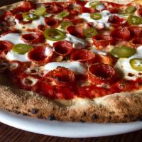 Pepperoni Picante Pizza · Tomato sauce, straciatella and pickled jalapeno.