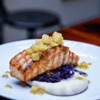 Grilled Atlantic Salmon · Parsnip puree, braised red cabbage, apple and mustard seed chutney.