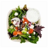 Side of Greek Salad · Includes Mixed Greens, Red Onions, Feta Cheese, Kalamata Olives, Tomatoes, and Cucumbers. Se...