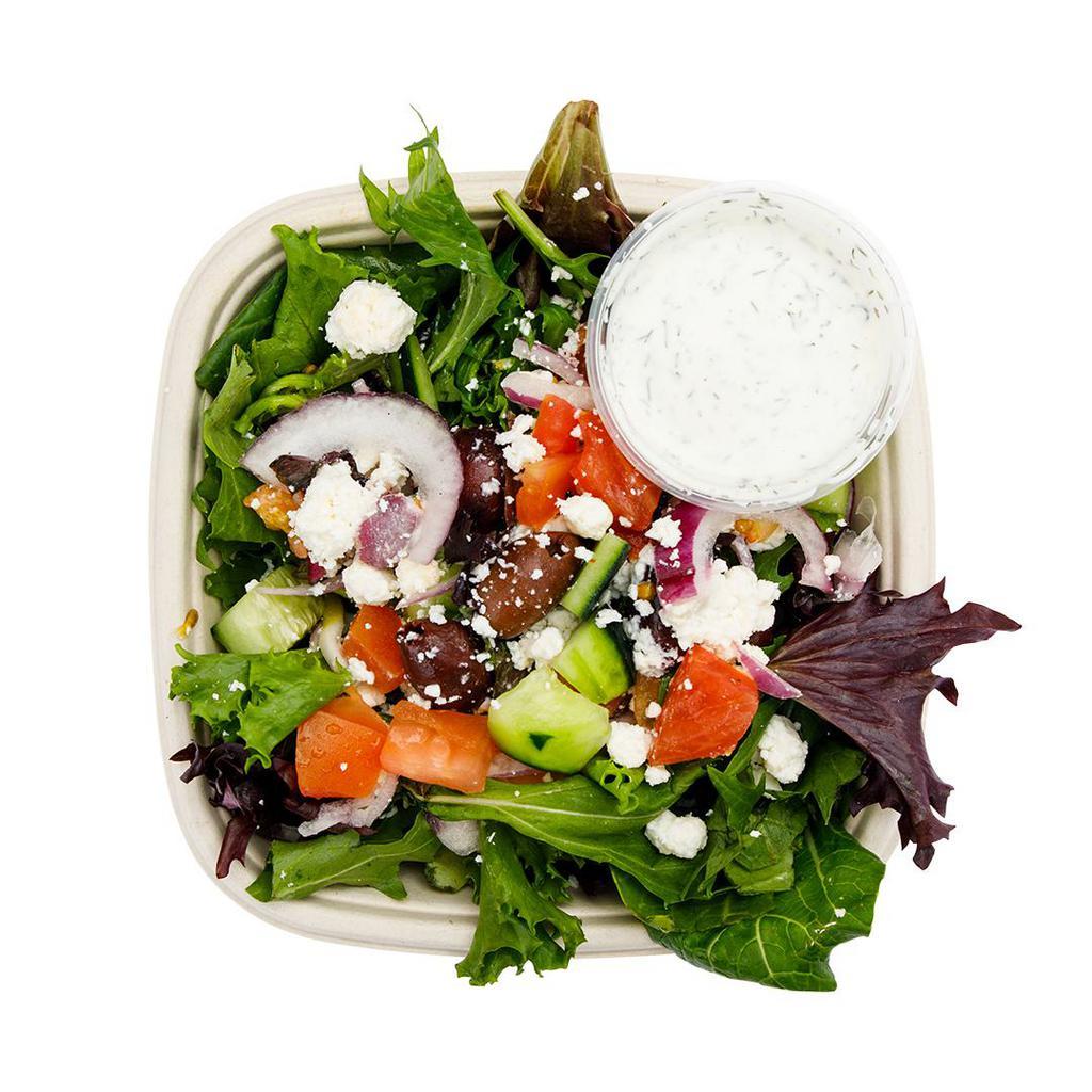 Side of Greek Salad · Includes Mixed Greens, Red Onions, Feta Cheese, Kalamata Olives, Tomatoes, and Cucumbers. Served with Dill Yogurt dressing on the side.
