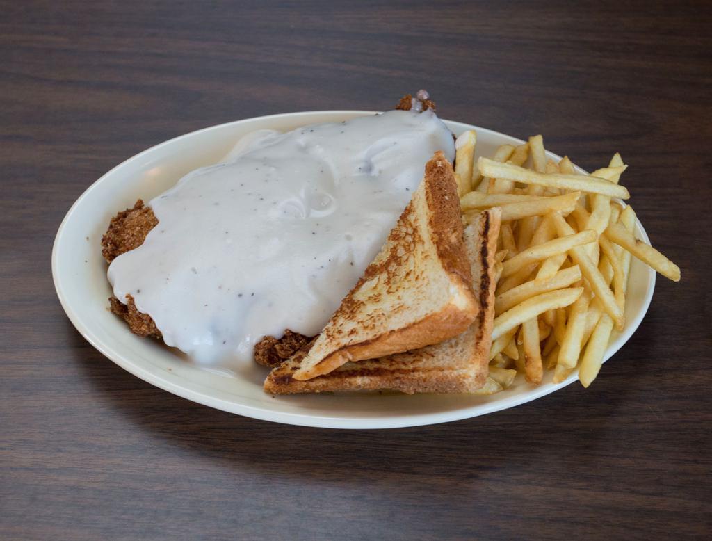 Fried Chicken Breast Dinner · Fried chicken breast with french fries, country gravy, side salad and Texas toast.