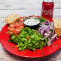 Green Salad · Lettuce, mix greens, tomato, bell peppers, olives and mushrooms.