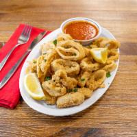 Calamari Fritti · Golden fried calamari served with fresh marinara sauce or spicy pepper sauce.
