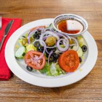 House Salad · lettuce,onions,black and green olives, tomatoes, cucumbers