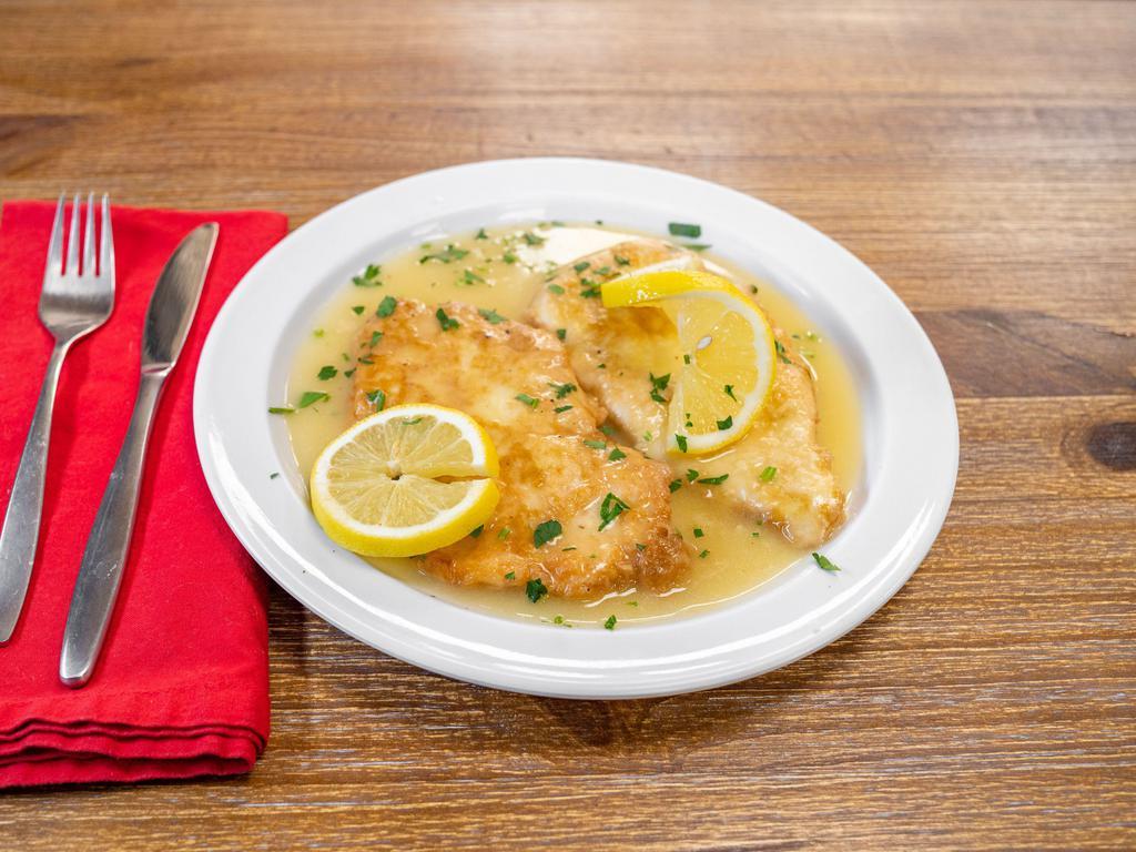 Chicken Francese · Chicken sauteed in a lemon, butter and white wine sauce. Served with pasta or salad.