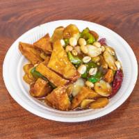Kung Pao Tofo · Deep fried Tofo with green onions, brown onions, bell pepper, roasted peanuts, and red hot c...