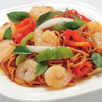 Spaghetti with Basil · Pan fried spaghetti with bell pepper, onion, and fresh basil leave, choice of chicken, beef ...
