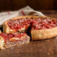 Chicago Meat Market Deep Dish Pizza · Layers of sausage, thinly sliced steak, meatballs, pepperoni, freshly shredded mozzarella, c...