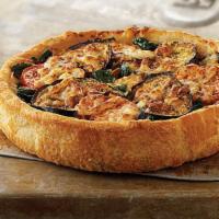 Farmers Market Deep Dish Pizza · Basil pesto topped with caramelized onions, fresh spinach, sun-dried and plum tomatoes, roas...