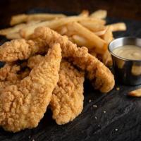 Chicken Tenders and Fries · Choice of honey mustard or BBQ sauce.