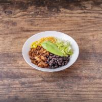 Chili Lime Chicken Bowl · Spanish rice, sautéed bell peppers and  onions, black beans, frsh corn, sliced avocado, shre...