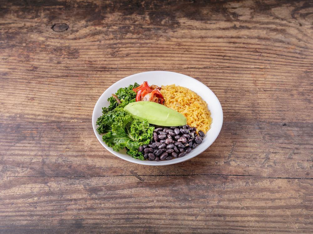 Veggie Bowl · Spanish rice, sautéed bell peppers and  onions, black beans, frsh corn, sliced avocado, shredded lettuce
. Served with sautéed kale or spinach.