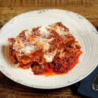 Meat Lasagna · Meat lasagna, with beef and pork bolognese sauce and bechamel sauce.