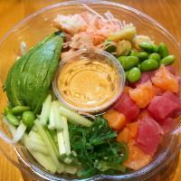 Poke Bowls · Tuna, salmon, shrimp tempura, cucumber, avocado, crab, lettuce, spicy mayo and eel sauce.
