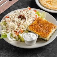 Spinach Pie and Greek Salad Platter · Served with yogurt sauce and pita.