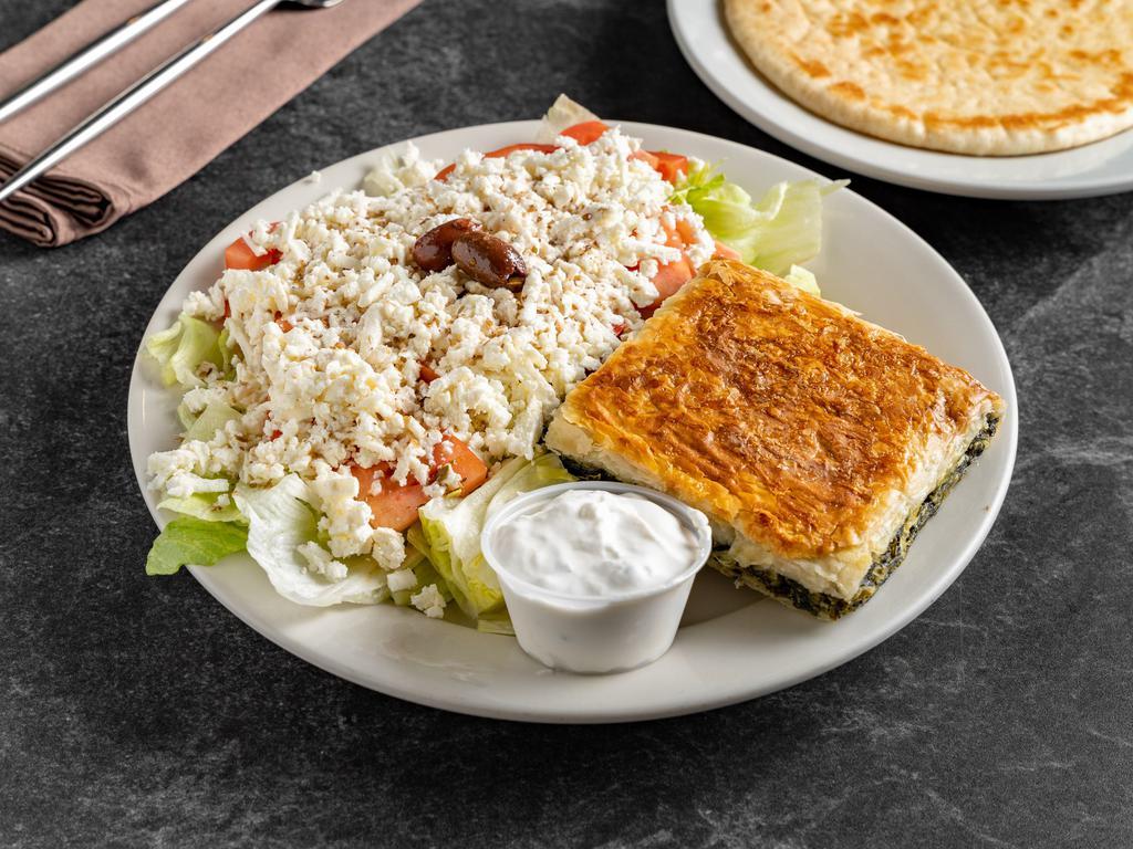 Spinach Pie and Greek Salad Platter · Served with yogurt sauce and pita.