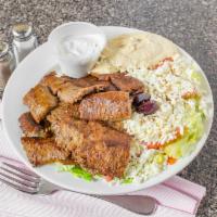 Gyro Meat, Greek Salad and Humus Platter · Served with yogurt sauce, and pita.