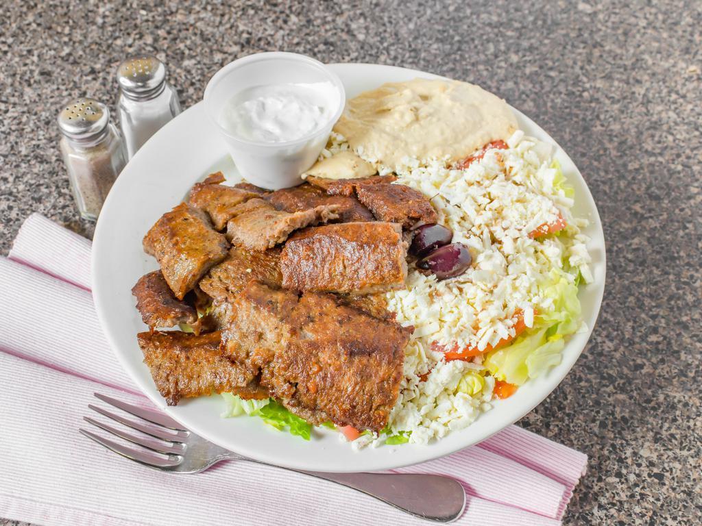 Gyro Meat, Greek Salad and Humus Platter · Served with yogurt sauce, and pita.