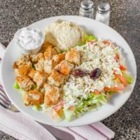 Grilled Chicken and Greek Salad and Humus Platter · Served with yogurt sauce, and pita.