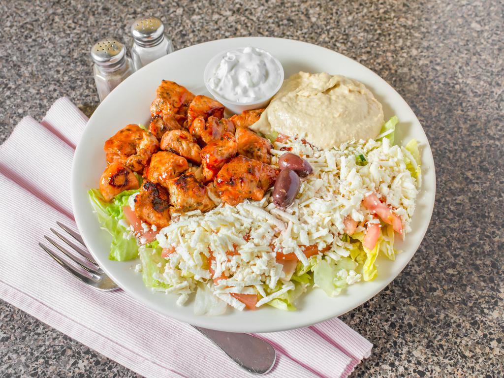 BBQ Grilled Chicken and Greek Salad Humus Platter · Served with yogurt sauce, and pita.