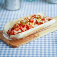 Hot Dog · 8 inch all beef grilled hot dog served on toasted hot dog bun. Served plain or with your cho...