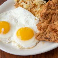 Chicken Fried Steak & Eggs · Ribeye steak breaded fried and topped with country gravy. Served with your choice of homefri...