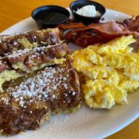 Cinnamon Pul-part Combo · Cinnamon pull-a-part French toast with two eggs any style and your choice of 4 strips of bac...
