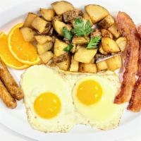 Sunrise Platter · 2 eggs (any style), 2 bacon and 2 sausage. Served with country potatoes and choice of toast....