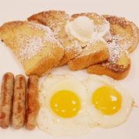 French Toast Platter · Texas french toast, 2 eggs (any style), choice of 3 bacon or 3 sausage