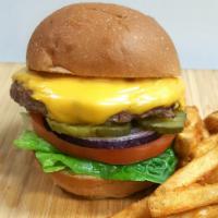 Cheeseburger and Fries · 1/3 lb. angus beef patty, American cheese, lettuce, tomatoes, onions, pickles and creamy spr...