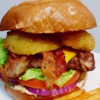 Smokehouse Burger & Fries · 1/3 lb. angus beef patty, American cheese, onion rings, lettuce, tomatoes, onions, pickles a...