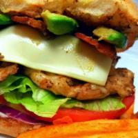 Chicken Club and Seasoned Fries · Grilled chicken, sliced avocado, crispy bacon,  lettuce, tomatoes, red onions, jack cheese, ...