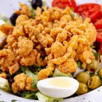 Crawfish Tails Salad · Harvest mix lettuce, boiled egg, tomato, green and black olives, fried crawfish tails and yo...