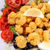 Shrimp Salad · Harvest mix lettuce, boiled egg, tomatoes, green and black olives and fried or grilled shrim...