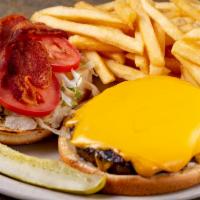 Marina Burger · Fresh 8oz beef patty topped with bacon, American cheese, lettuce, tomato and mayonnaise serv...