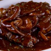 Hamburger Steak · (1 lb.) Hamburger steak topped with grilled onions and brown gravy. Served with your choice ...