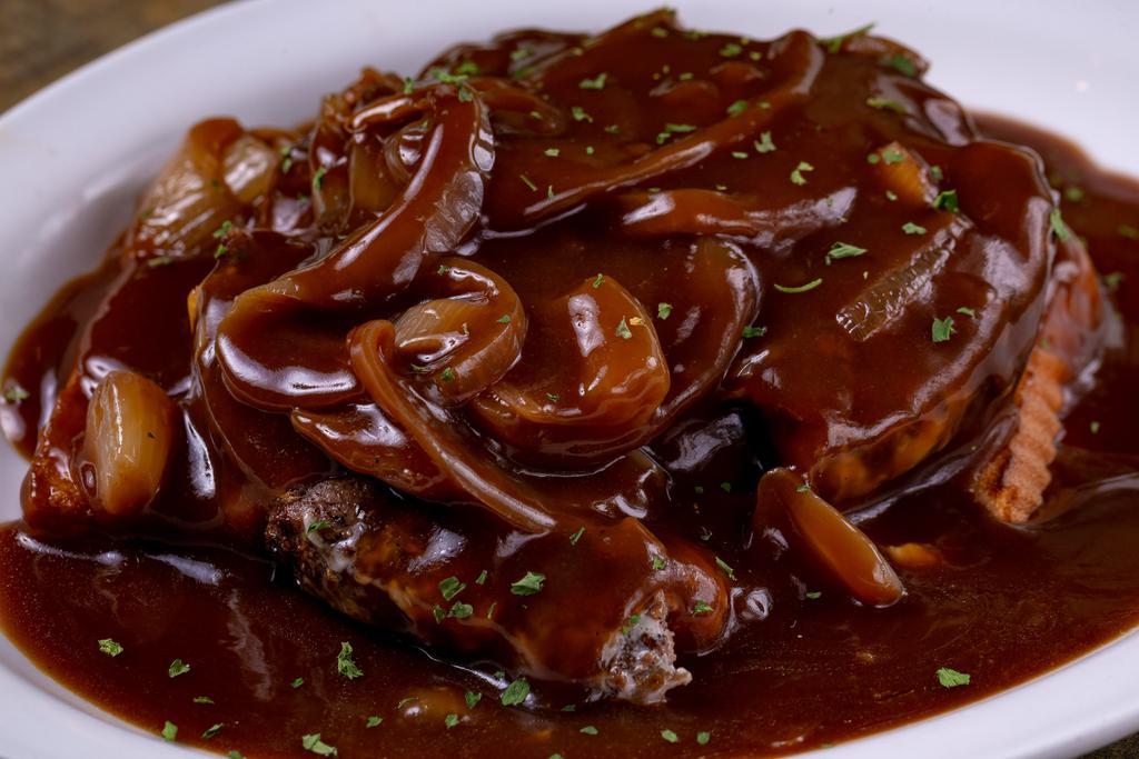 Hamburger Steak · (1 lb.) Hamburger steak topped with grilled onions and brown gravy. Served with your choice of side and a salad.