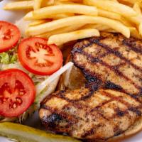 Lunch Grilled Chicken Sandwich Basket · 8 oz. Grilled chicken topped with lettuce, tomato, and mayonnaise on a bun. Served with a si...
