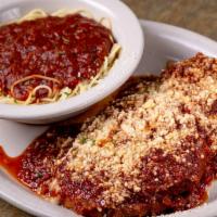 Lunch Eggplant Parmesan w/ Pasta · Fried Eggplant medallions topped with mozzarella cheese and homemade red gravy served with p...