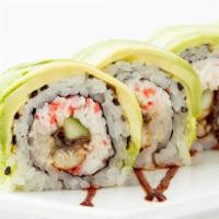 Eel and Avocado Roll · Freshwater eel, crab and avocado.