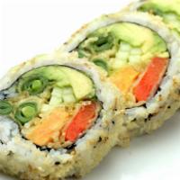 Vegetable Tempura Roll · Lightly battered onion, sweet potato, asparagus, avocado and spicy crunch. Vegetarian.