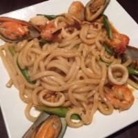 Spicy Seafood Udon Pasta  · Shrimp, jumbo scallop, calamari, mussels, asparagus and udon noodles.