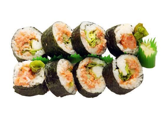 Spicy Ahi Maki · 8 pieces. Made with ground ahi, masago, green onion, cucumber, lettuce and spicy sauce.