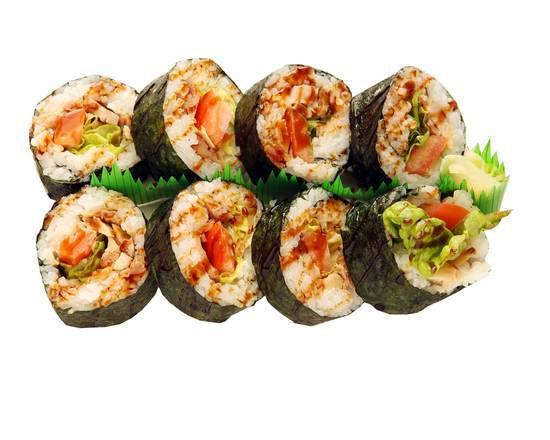 Teri Chicken Maki · 8 pieces. Made with grilled teriyaki chicken, lettuce, tomato, mayo, and special teriyaki sauce.