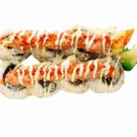 Dynamite Maki · 8 pieces. Shrimp tempura, lettuce, teriyaki sauce, sesame seeds, spicy ahi, green onion, tob...