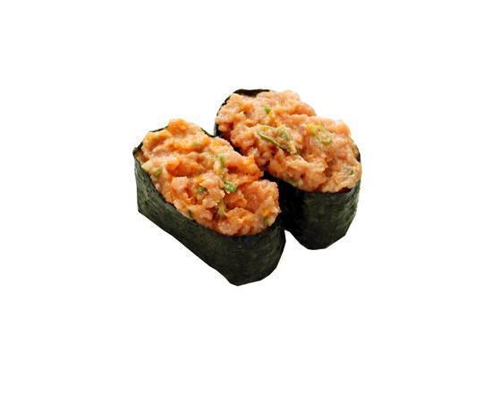 Spicy Ahi Nigiri · 2 pieces. Made with ahi, green onion, tobiko, and spicy sauce.