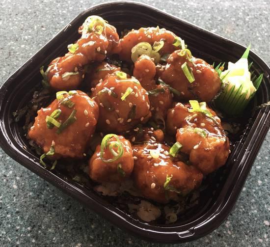 Sweet Chili Chicken Don · Fried chicken, green onion, sesame seeds, and sweet chili sauce.