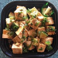 Tofu Poke Don · Avocado, cucumber, green onion, nori, sesame seeds, special poke sauce, and tofu.